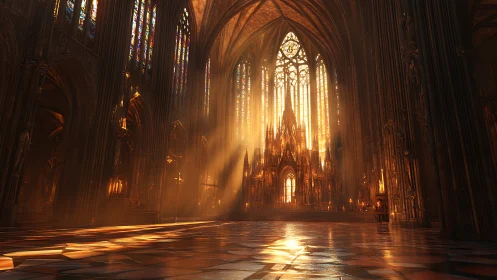 Sunlit gothic cathedral interior glows with sacred warmth.