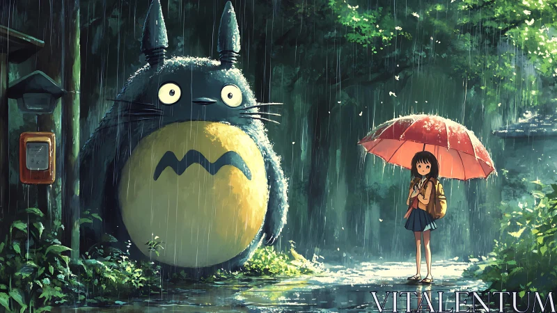 Girl meets giant forest creature under red umbrella in rain