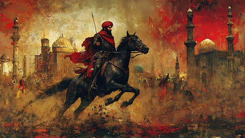 Armored horseman charging through burning desert cityscape