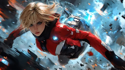 Blonde pilot in red exosuit flying through explosive debris field