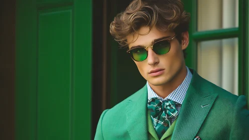 Man in green suit with sunglasses near green doorway.