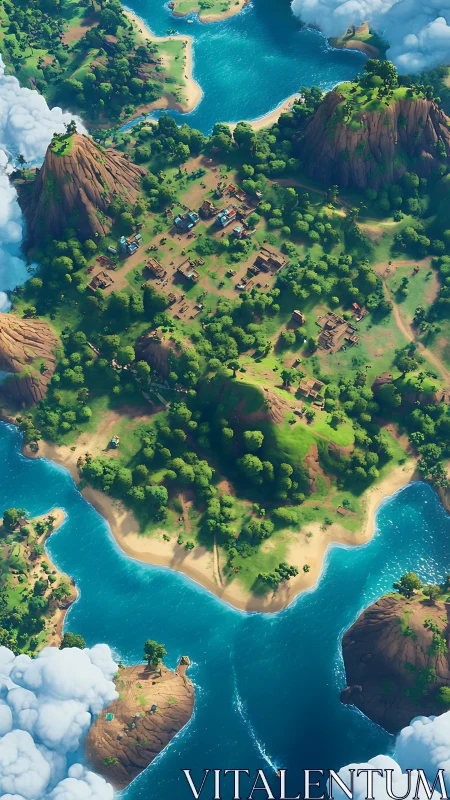 Tropical Island Village Surrounded by Turquoise Waters.