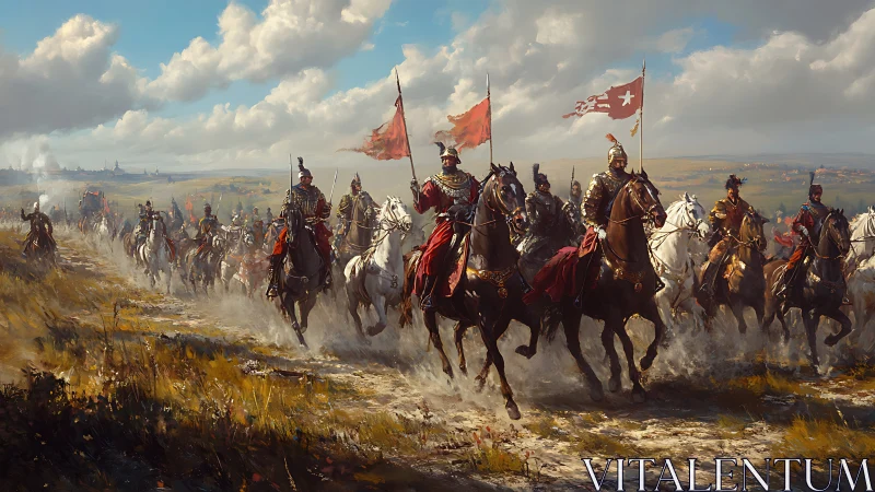 Armored cavalry charge across a sunlit windswept plain