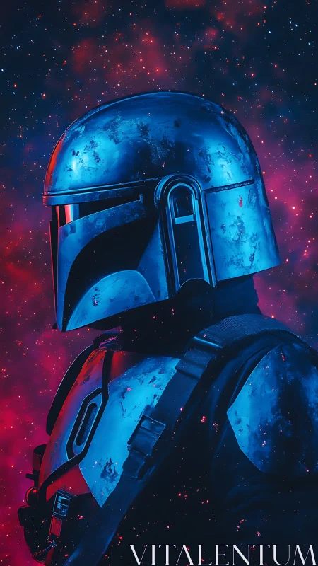 Galactic armored wanderer gazes into a glowing starfield