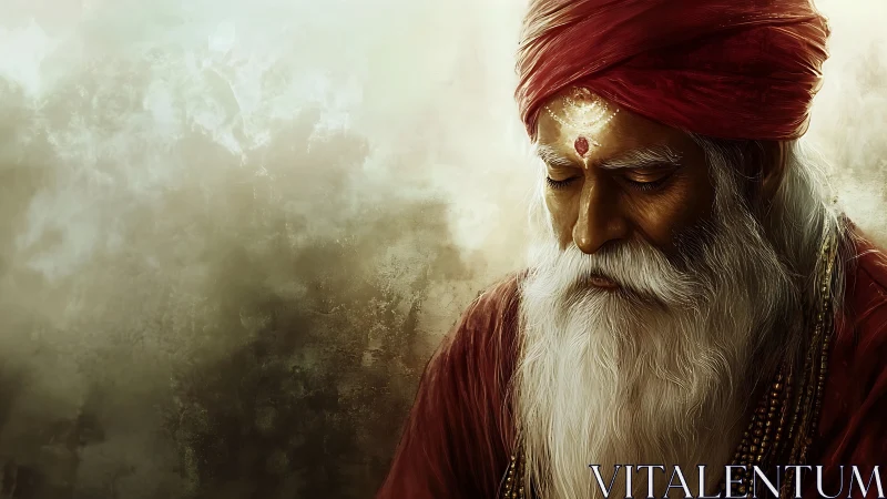 Meditative elder in crimson turban amid misted light.