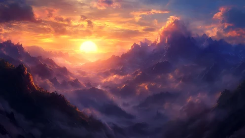 Sunbirth pours molten light across dreaming mountain seas