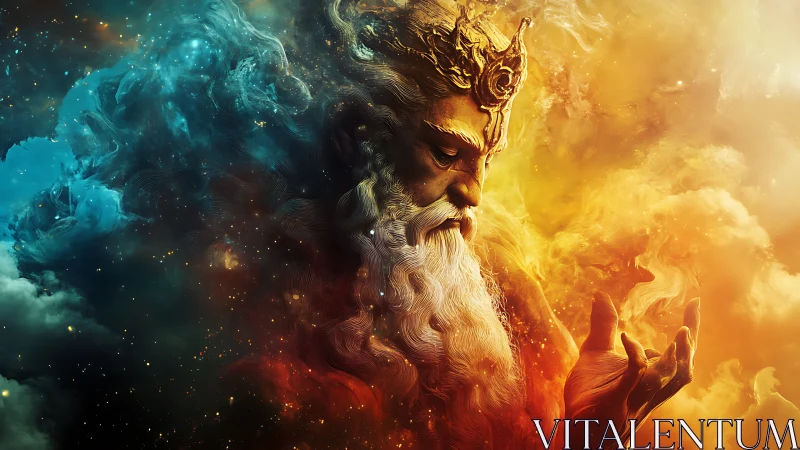 Cosmic elder cradling fire and starlight between worlds.