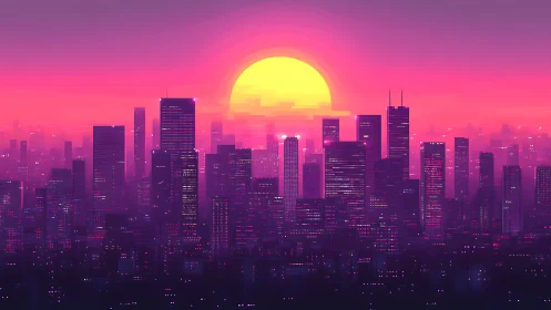 Neon gradient skyline with retro-futurist sunset composition.
