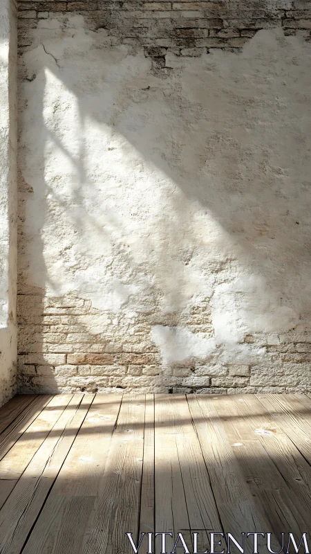 Sunlit plaster wall and rustic floor in poetic quiet light.
