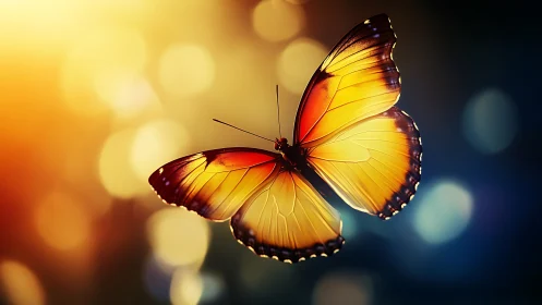 Golden butterfly glows against dreamy bokeh lights.