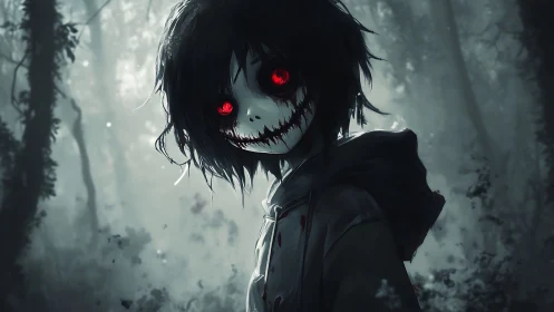 Hooded figure with skeletal face stands in a foggy forest