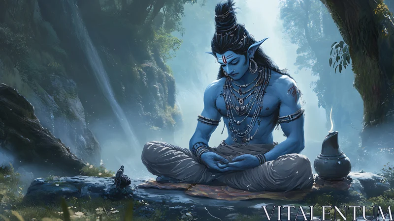 Blue-skinned meditative figure seated in dense forest setting.