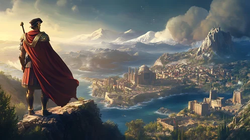 Roman hero overlooking a sunlit ancient coastal kingdom.