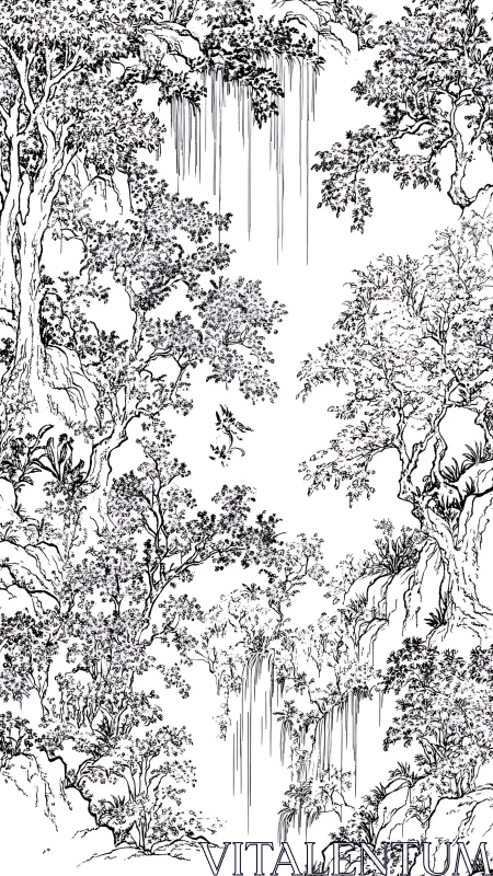 Ink-rendered cliff forest with cascading linear waterfalls.