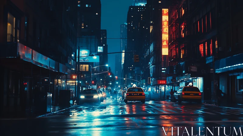 Nighttime city street scene shows taxis on wet roadway