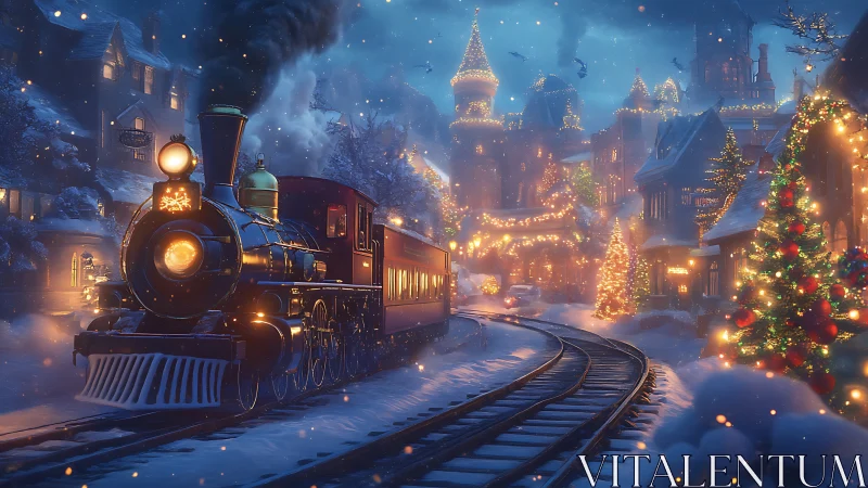 Steam train moves through illuminated snowy Christmas town