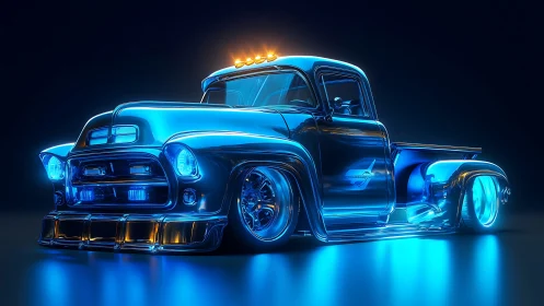 Neon lowrider pickup hums through a chrome drenched dream
