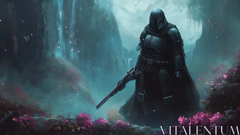 Armored ranger patrols misty gorge with luminous flora