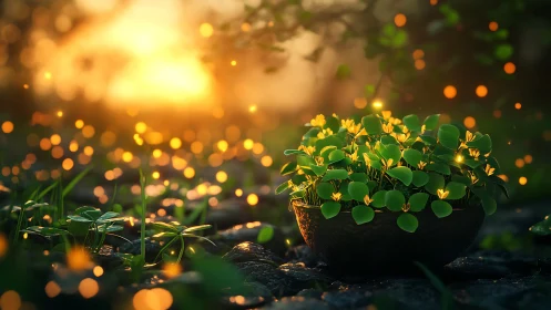 Potted clover-like plants in low light against sunset bokeh.