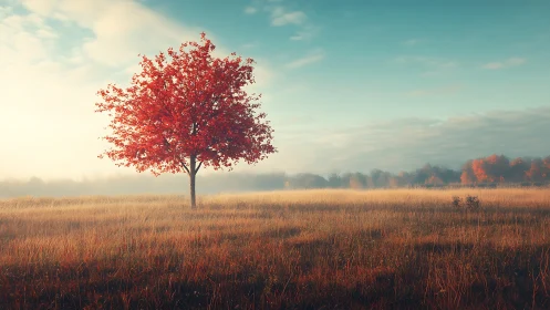 Autumnal solitary maple tree in misty low-angle sunrise field.