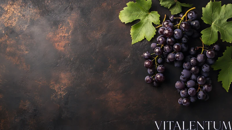 Deep purple grapes rest calmly on a rustic dark table