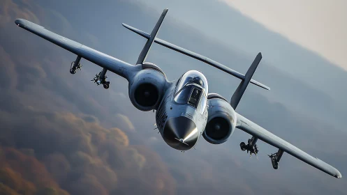 Twin‑engine predator carves a silver arc through autumn haze