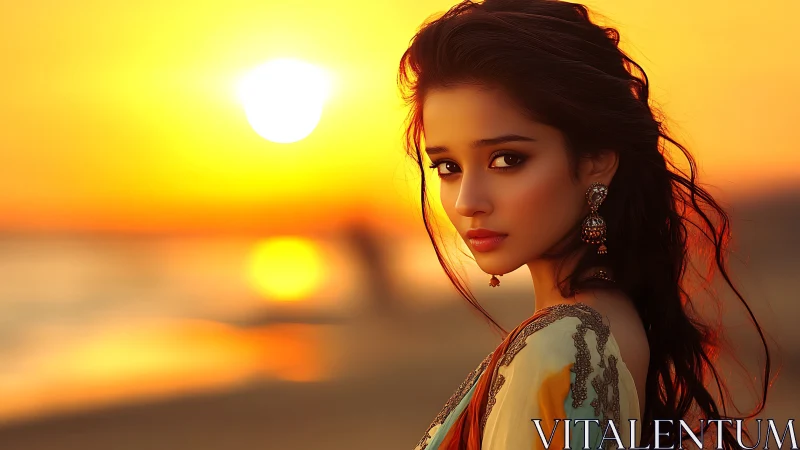 Portrait of woman on shoreline at sunset with warm light.