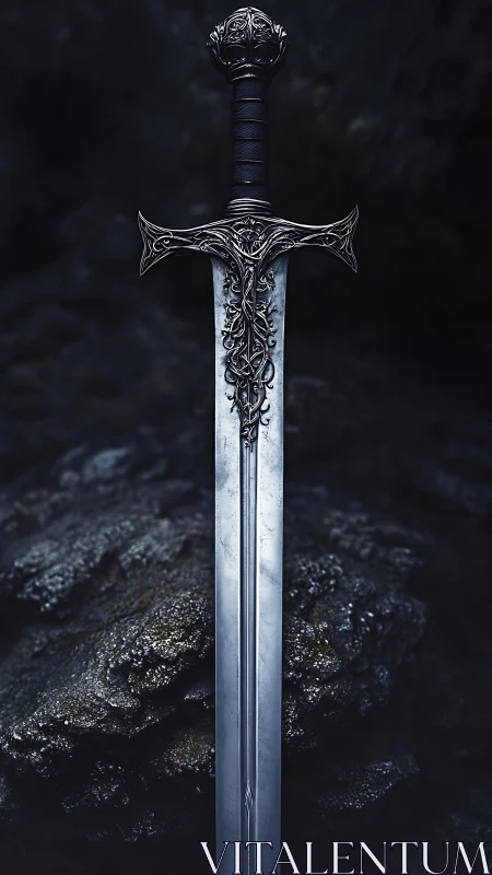 Ornate frostforged sword waits, humming over shadowed stone