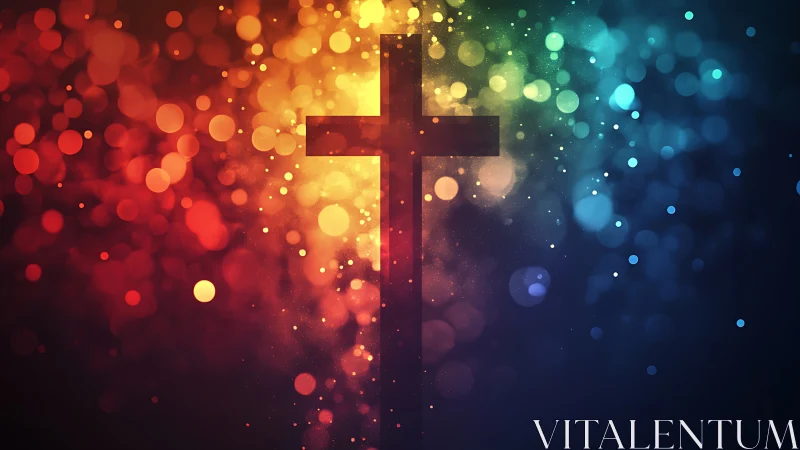 Luminous Cross Silhouette Framed by Prismatic Bokeh Glow.