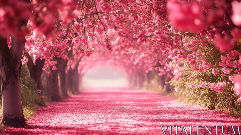 Photorealistic cherry blossom arcade with receding pathway.