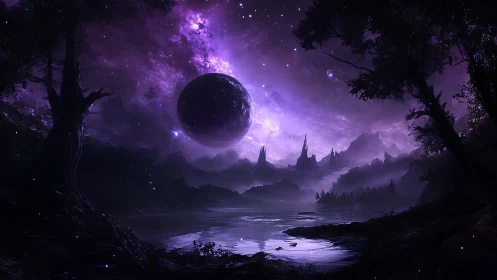Purple alien landscape with floating planet over lake.