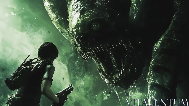 Soldier confronts colossal dripping monster in toxic light