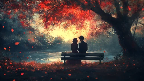 Two Figures Seated on Bench Beneath Luminescent Arboreal Canopy.