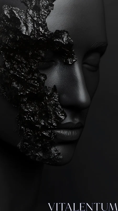 Monochrome mannequin visage scarred by glossy black resin.