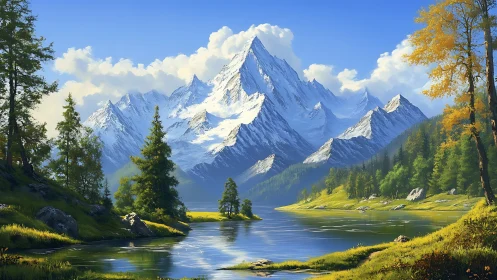 Snow-capped alpine peaks rise above reflective river valley in sunlight