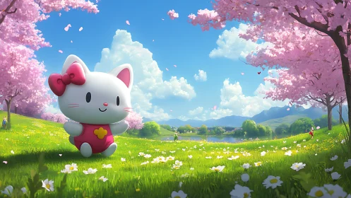 Spring meadow cat mascot under stylized cherry blossoms in bloom