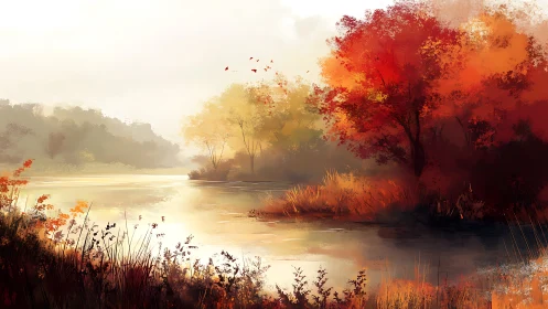 Golden autumn trees glow softly beside a peaceful river