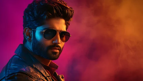 Chromatic portrait of bearded man in sunglasses and leather jacket.
