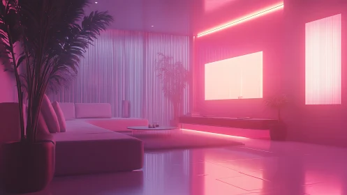 Neon illuminated modern lounge interior with palm plants.
