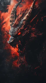 Infernal horned beast roaring through molten shadows.