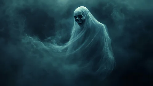 Shrouded specter drifts through teal fog like whispered dread