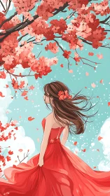 Girl in flowing red dress under pink blossom canopy.
