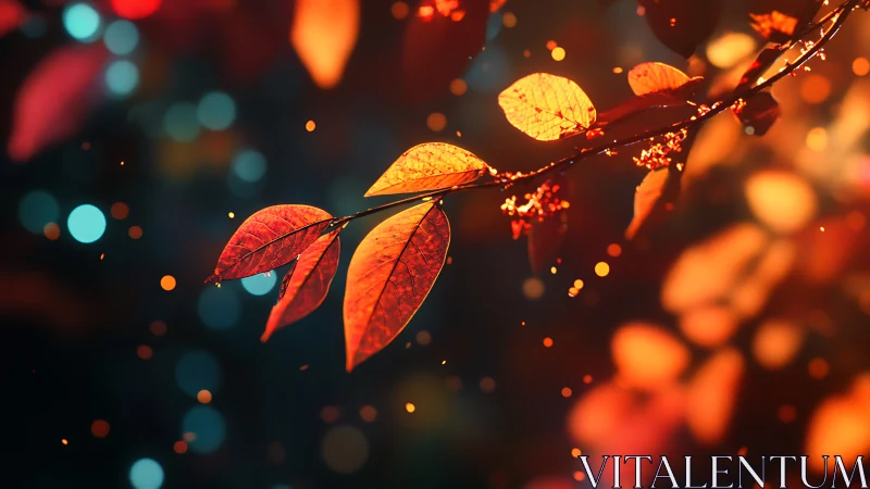 Branch with orange leaves glows against dark bokeh background