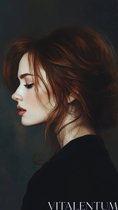 Profile portrait of red-haired woman in soft studio light.