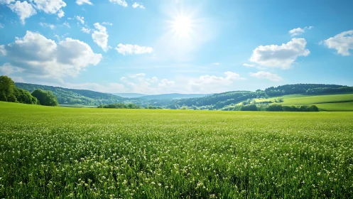 Sunlit green meadow extends toward distant forest hills