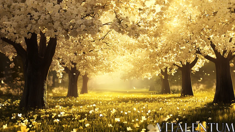 Sunlit blossom grove with golden meadow in spring bloom.