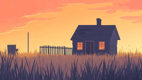 Small wooden cabin in tall grass under warm sunset sky.