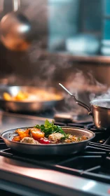 Shallow depth view of vegetables cooking in metal pan on stove.