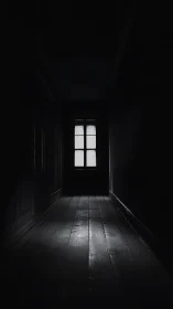 Dark wooden corridor ends in single backlit window