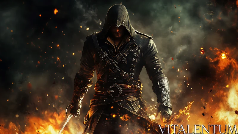 Hooded rogue strides through blazing inferno with blade drawn.